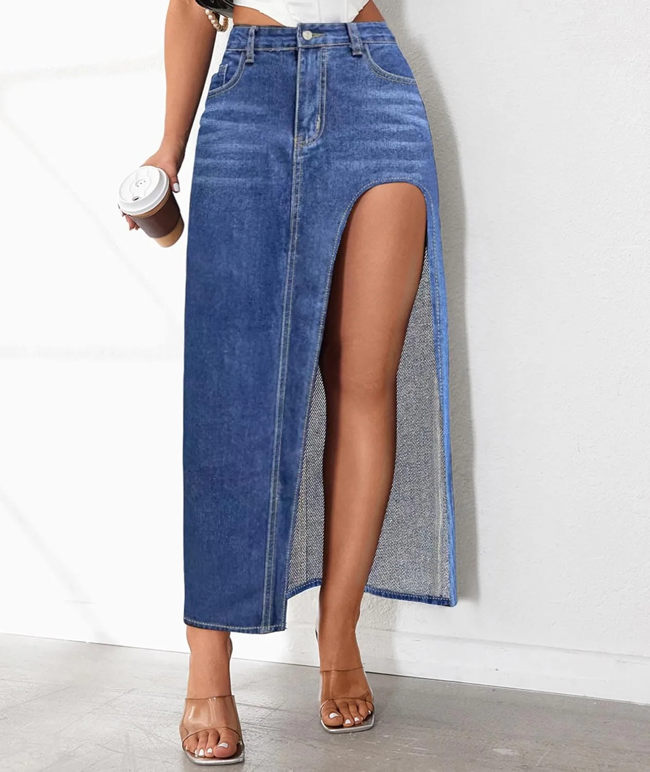 SEMATOMALA Women's Thigh High Split Maxi Denim Skirt High Waisted Cut Out High Low Asymmetrical Jeans Long Skirts
