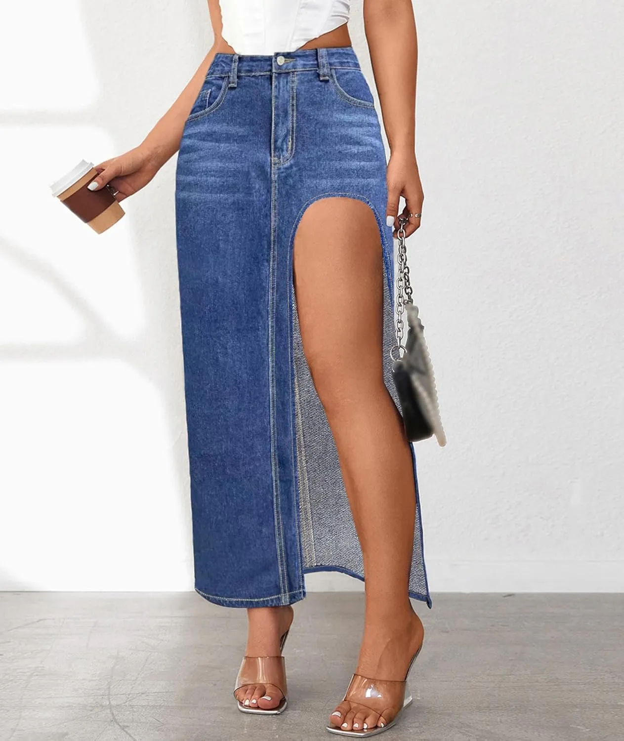 SEMATOMALA Women's Thigh High Split Maxi Denim Skirt High Waisted Cut Out High Low Asymmetrical Jeans Long Skirts