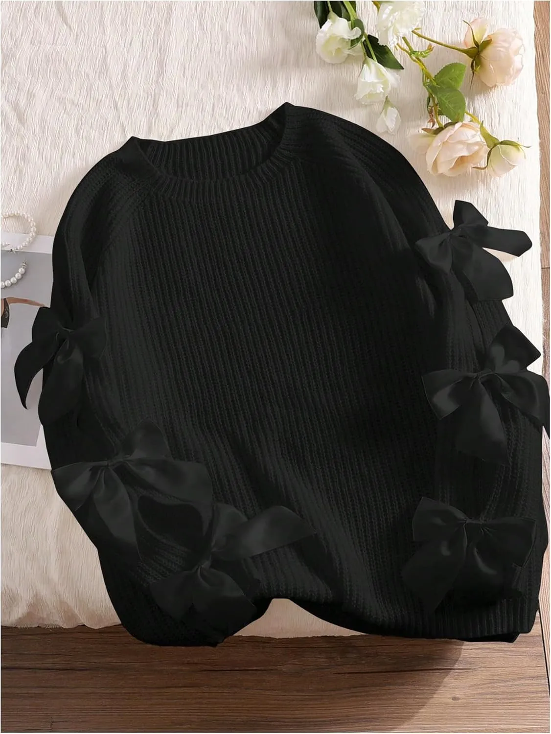 SHENHE Women's Plus Size Bow Sweater Cut Out Raglan Sleeve Crew Neck Loose Knitted Sweater Jumper