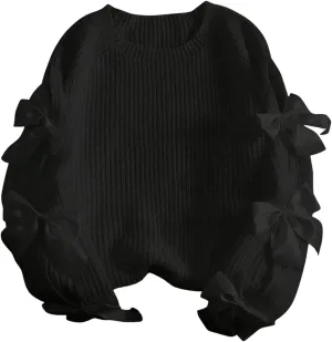 SHENHE Women's Plus Size Bow Sweater Cut Out Raglan Sleeve Crew Neck Loose Knitted Sweater Jumper