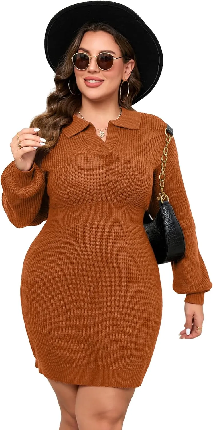 ShopWonder Women Plus Size V-neck Long Sleeve Knit Stretchable Elasticity Slim Sweater Bodycon Midi Pullover Sweater Dress
