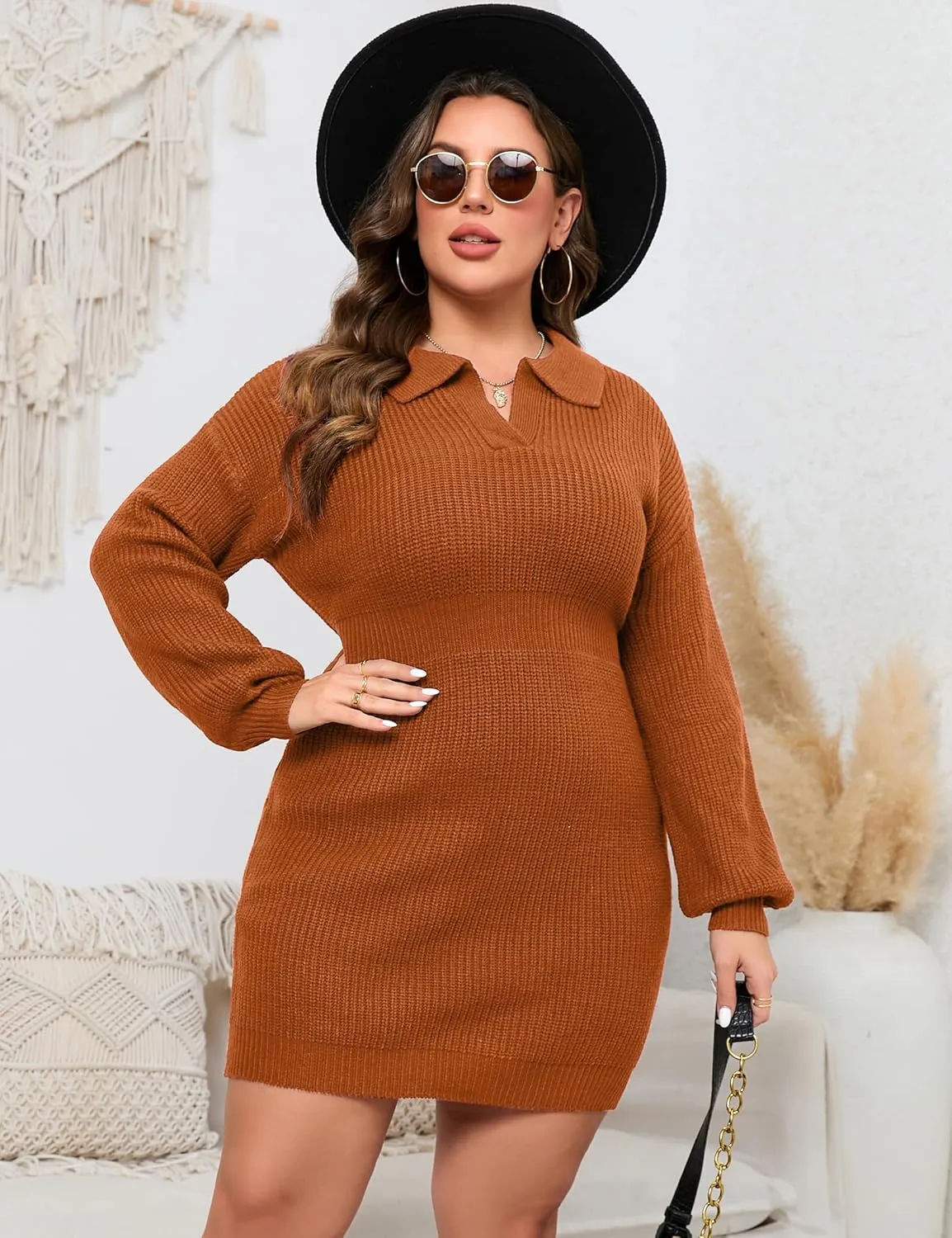 ShopWonder Women Plus Size V-neck Long Sleeve Knit Stretchable Elasticity Slim Sweater Bodycon Midi Pullover Sweater Dress