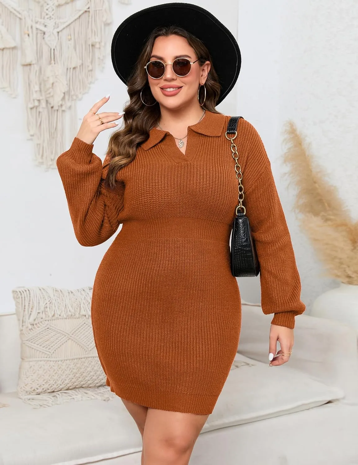 ShopWonder Women Plus Size V-neck Long Sleeve Knit Stretchable Elasticity Slim Sweater Bodycon Midi Pullover Sweater Dress