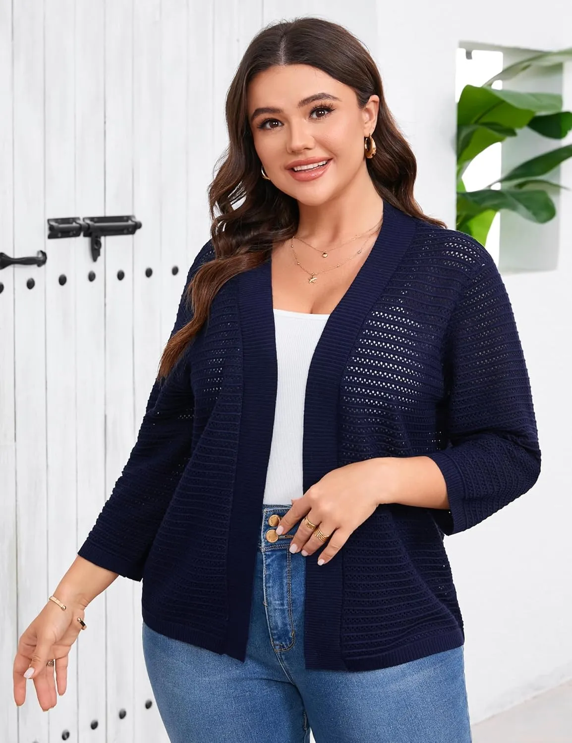 ShopWonder Womens Plus Size Summer Cardigan 3/4 Length Sleeve Sweaters Lightweight Casual Knitted Open Front Cardigans