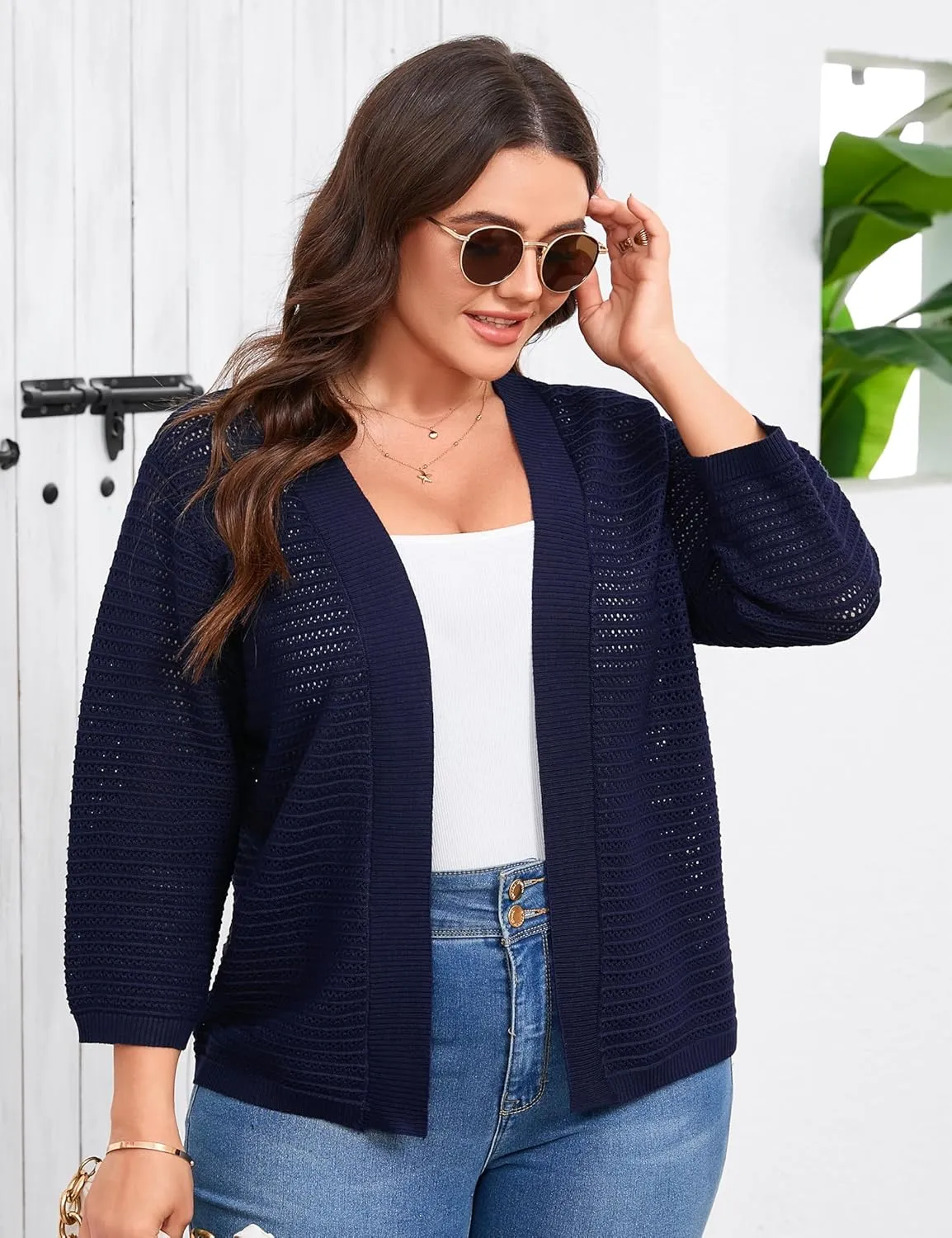 ShopWonder Womens Plus Size Summer Cardigan 3/4 Length Sleeve Sweaters Lightweight Casual Knitted Open Front Cardigans