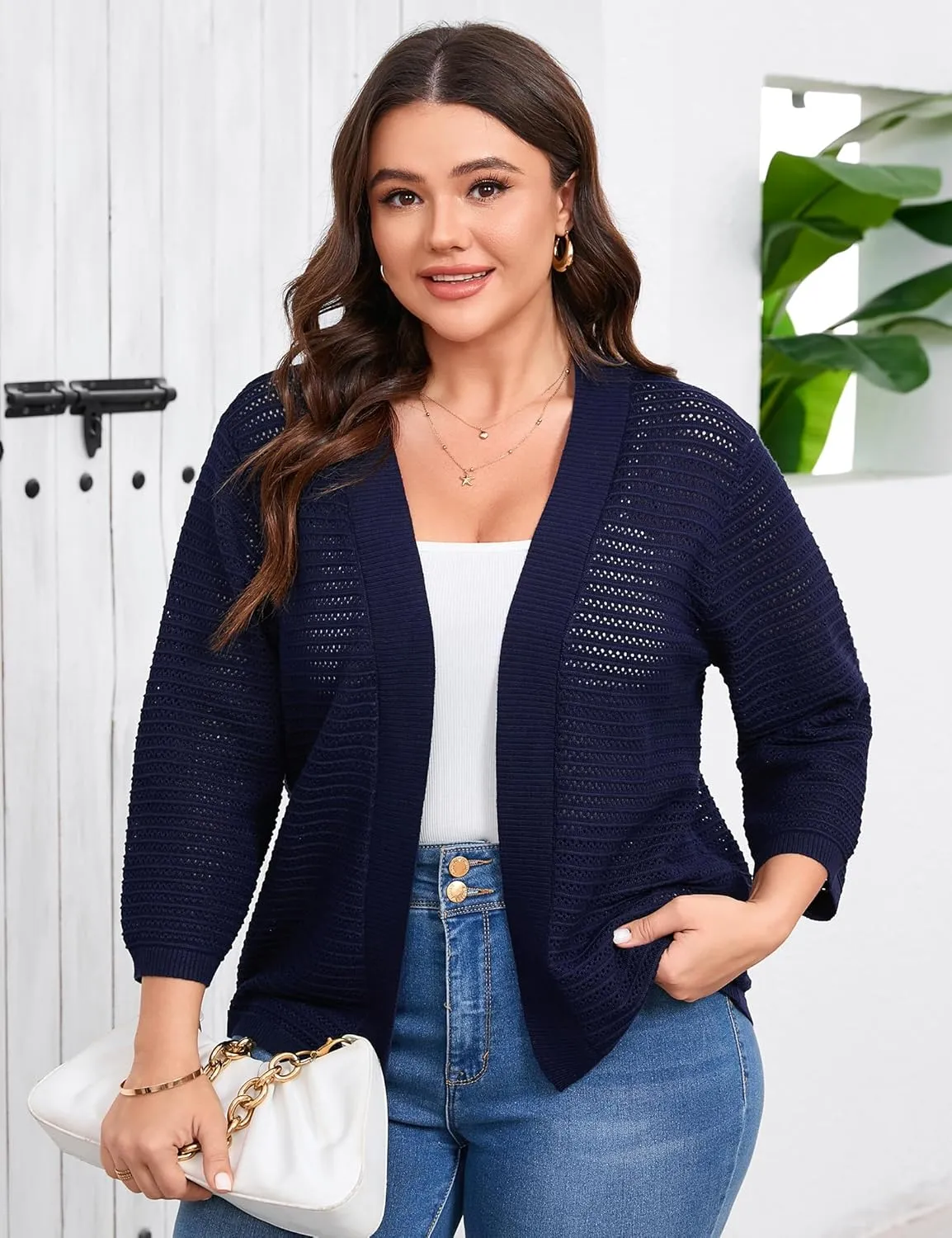 ShopWonder Womens Plus Size Summer Cardigan 3/4 Length Sleeve Sweaters Lightweight Casual Knitted Open Front Cardigans