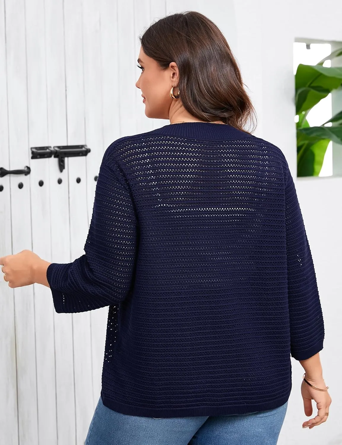 ShopWonder Womens Plus Size Summer Cardigan 3/4 Length Sleeve Sweaters Lightweight Casual Knitted Open Front Cardigans