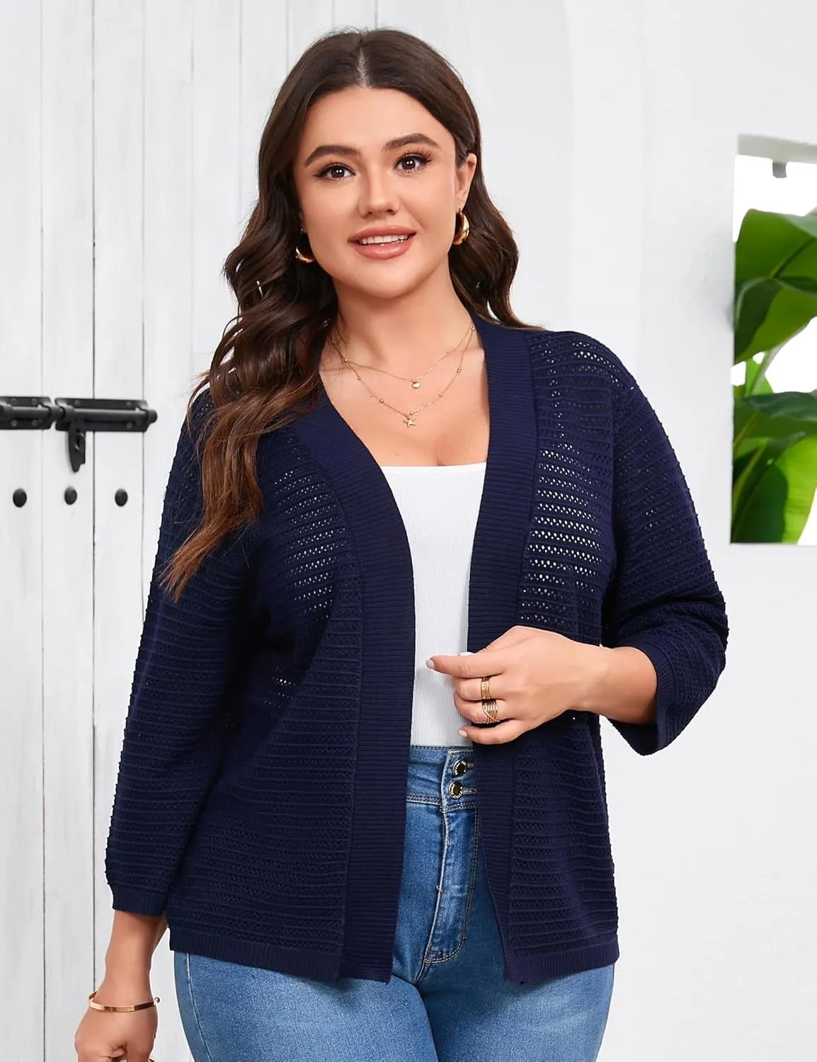ShopWonder Womens Plus Size Summer Cardigan 3/4 Length Sleeve Sweaters Lightweight Casual Knitted Open Front Cardigans