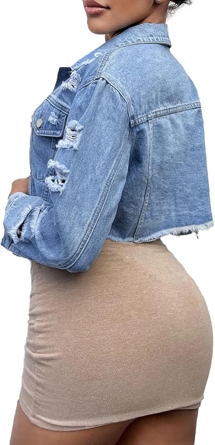 Short Jean Jacket Women's Ripped and frayed Casual Jean Jacket Women's Denim Tops