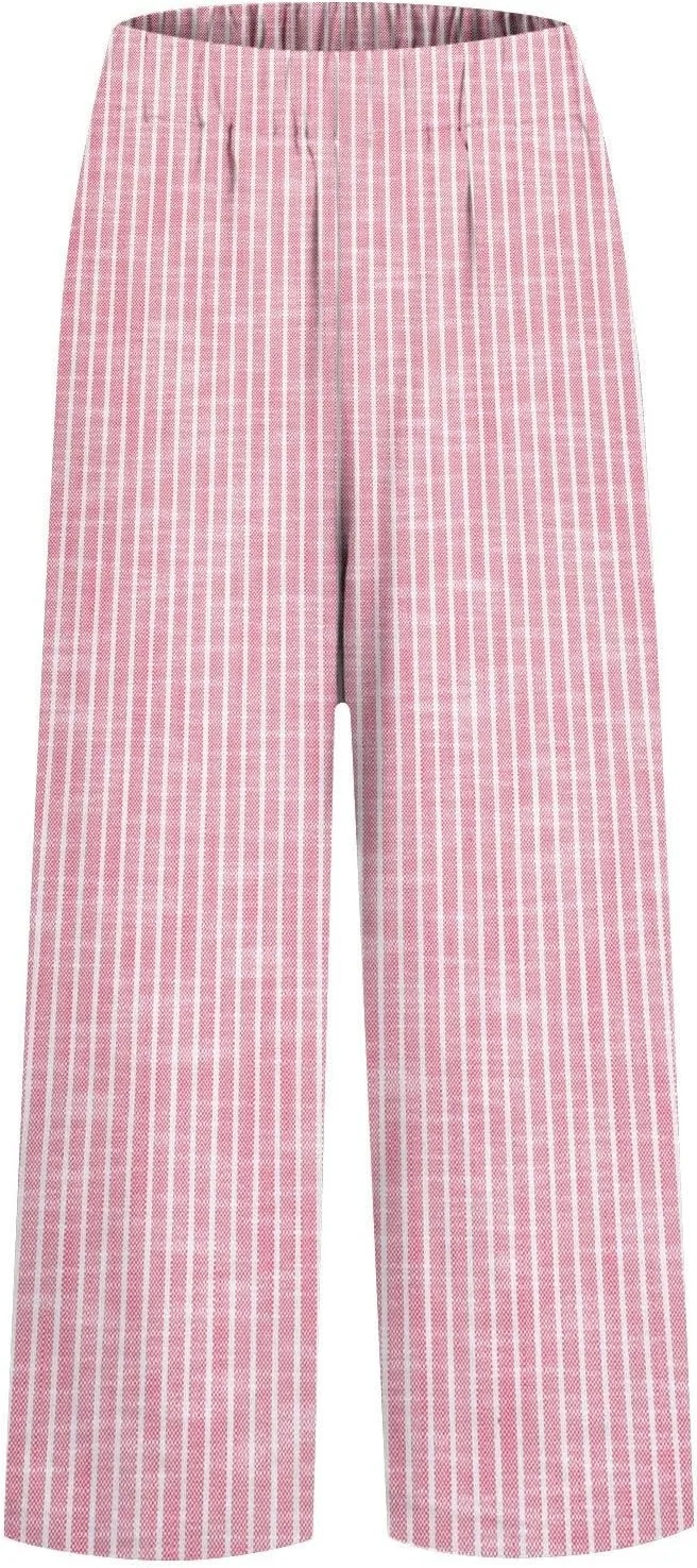 Side Stripe Pants Women for Beach Vacation Clothes for Women Linen Straight Leg Elastic Waist Womens Summer Outfits