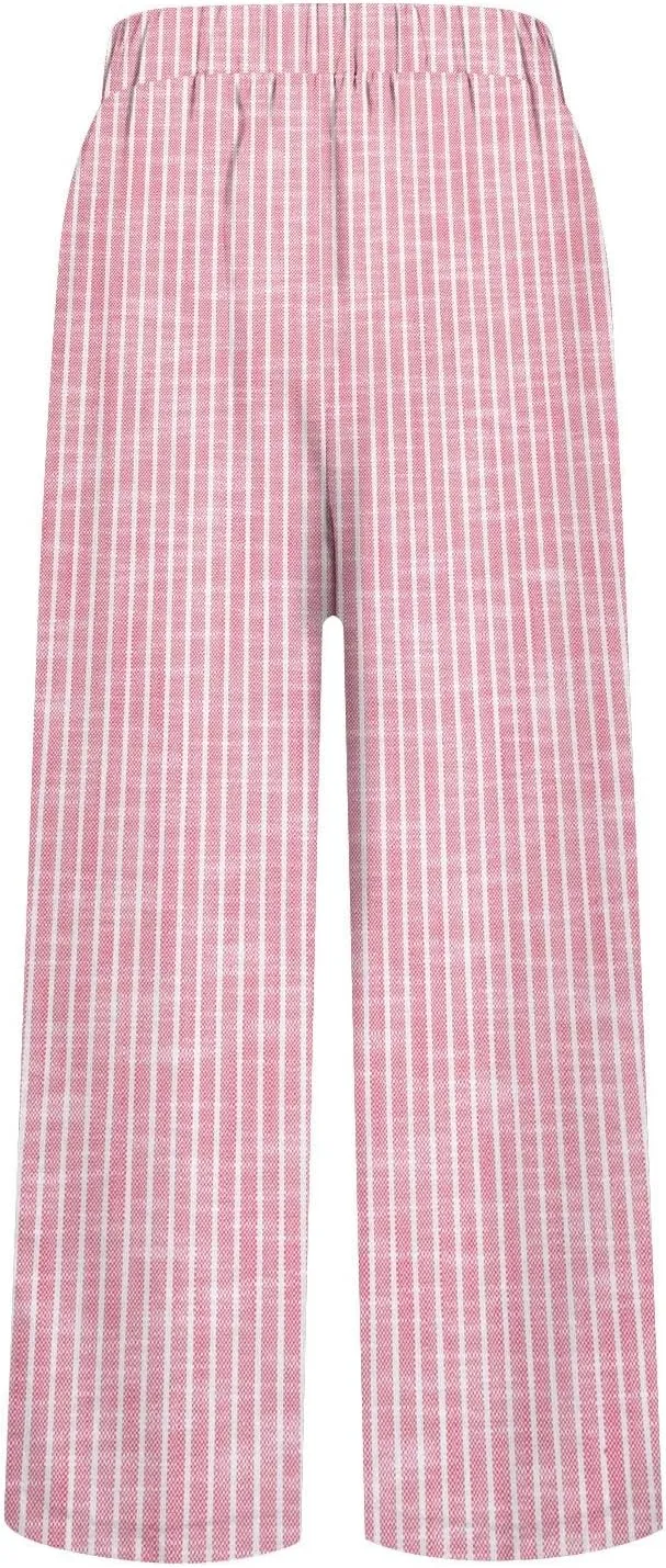 Side Stripe Pants Women for Beach Vacation Clothes for Women Linen Straight Leg Elastic Waist Womens Summer Outfits