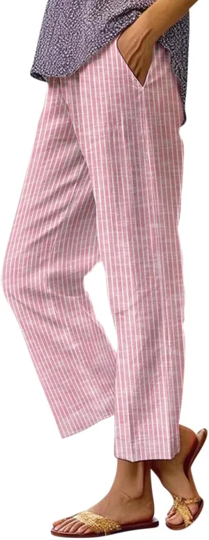 Side Stripe Pants Women for Beach Vacation Clothes for Women Linen Straight Leg Elastic Waist Womens Summer Outfits