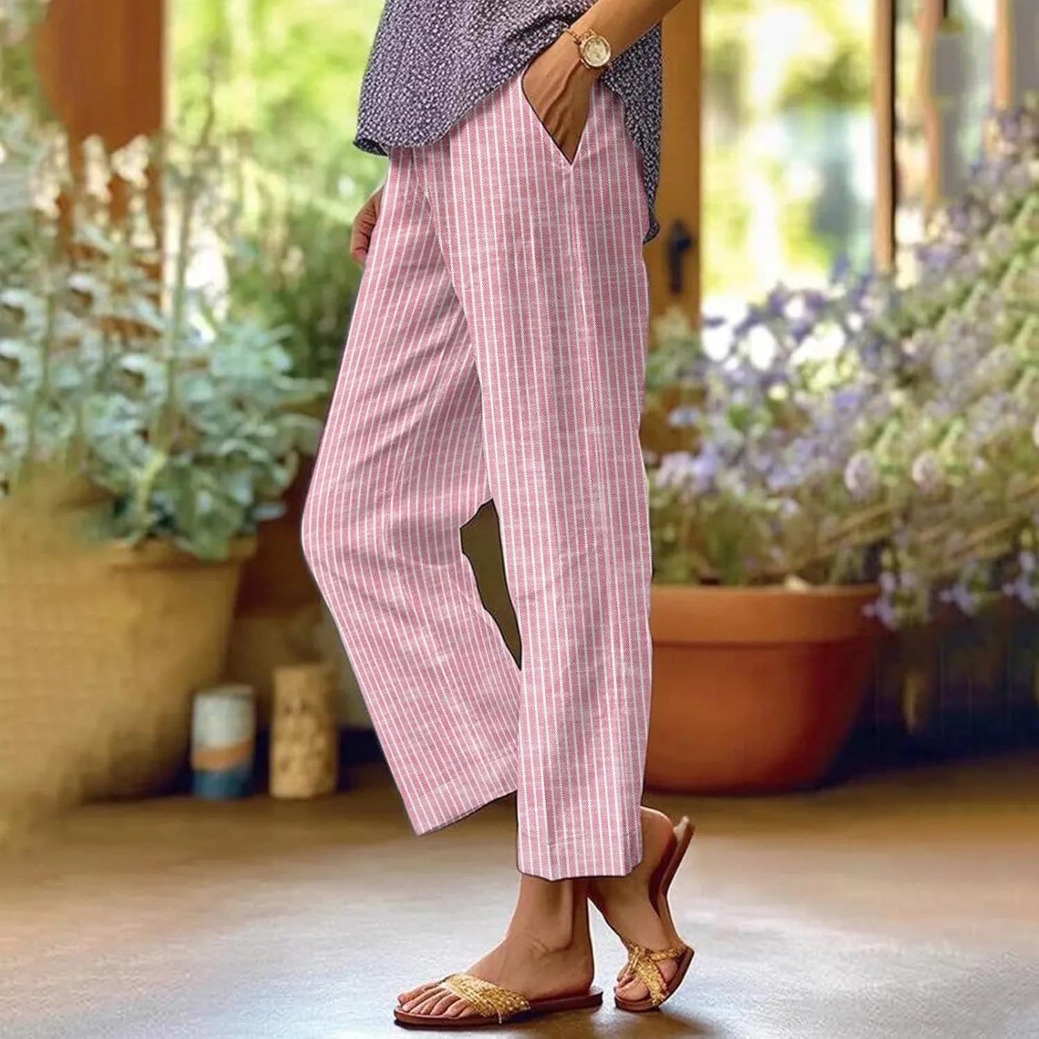 Side Stripe Pants Women for Beach Vacation Clothes for Women Linen Straight Leg Elastic Waist Womens Summer Outfits