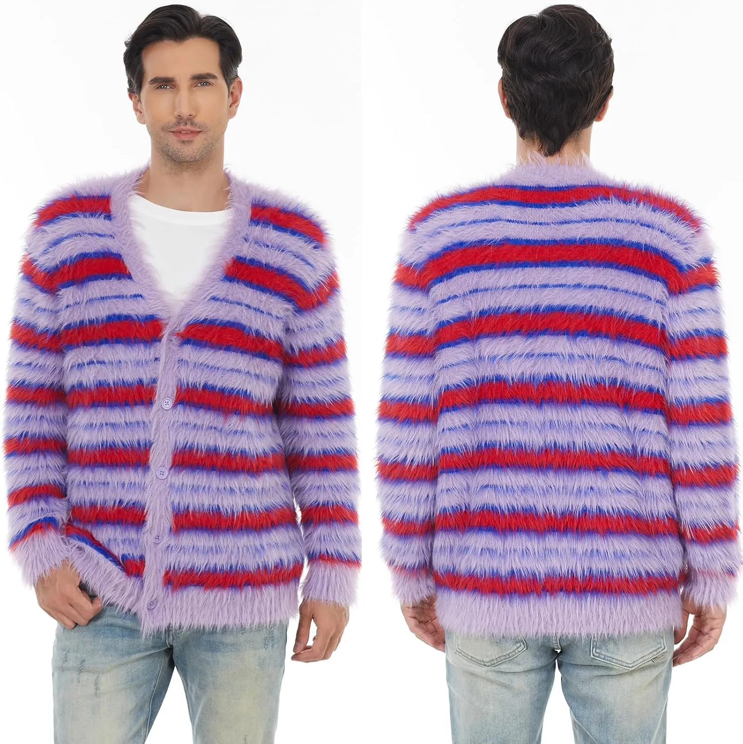 SINAR Men's Casual Fuzzy Cardigan Sweater Long Sleeve Soft Striped Knitwear Winter Warm Cardigan Knitted Sweater