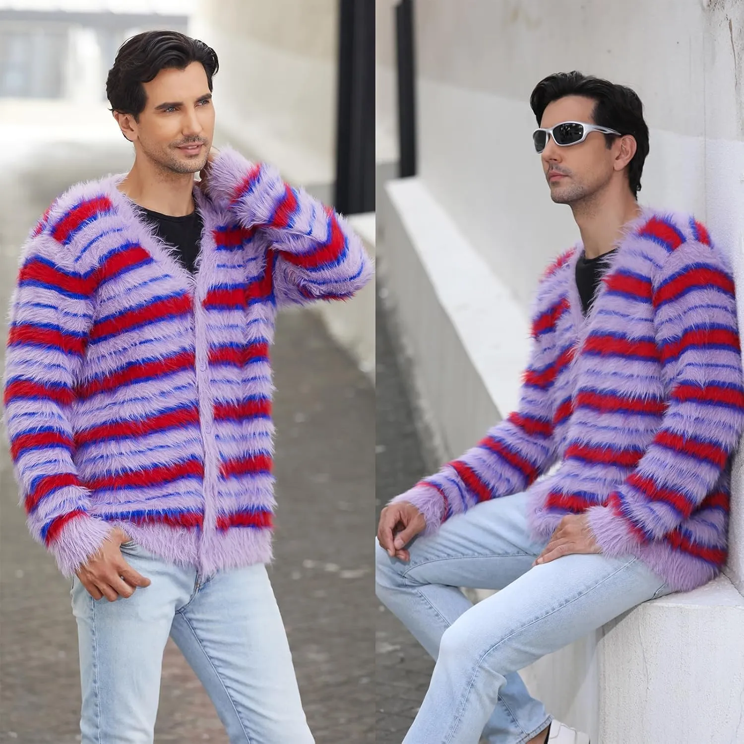 SINAR Men's Casual Fuzzy Cardigan Sweater Long Sleeve Soft Striped Knitwear Winter Warm Cardigan Knitted Sweater
