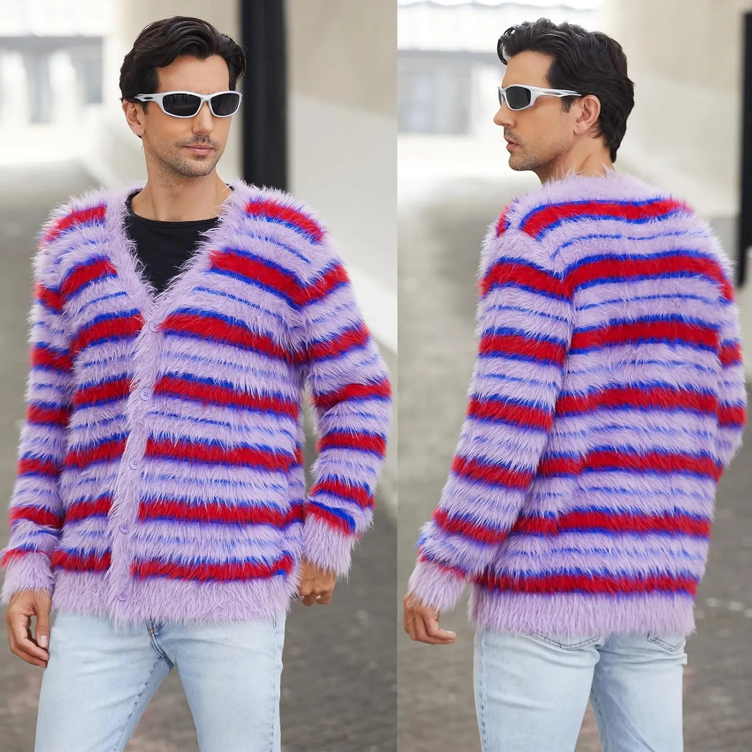 SINAR Men's Casual Fuzzy Cardigan Sweater Long Sleeve Soft Striped Knitwear Winter Warm Cardigan Knitted Sweater