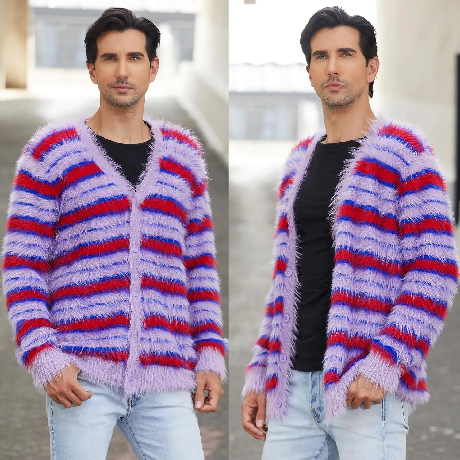SINAR Men's Casual Fuzzy Cardigan Sweater Long Sleeve Soft Striped Knitwear Winter Warm Cardigan Knitted Sweater