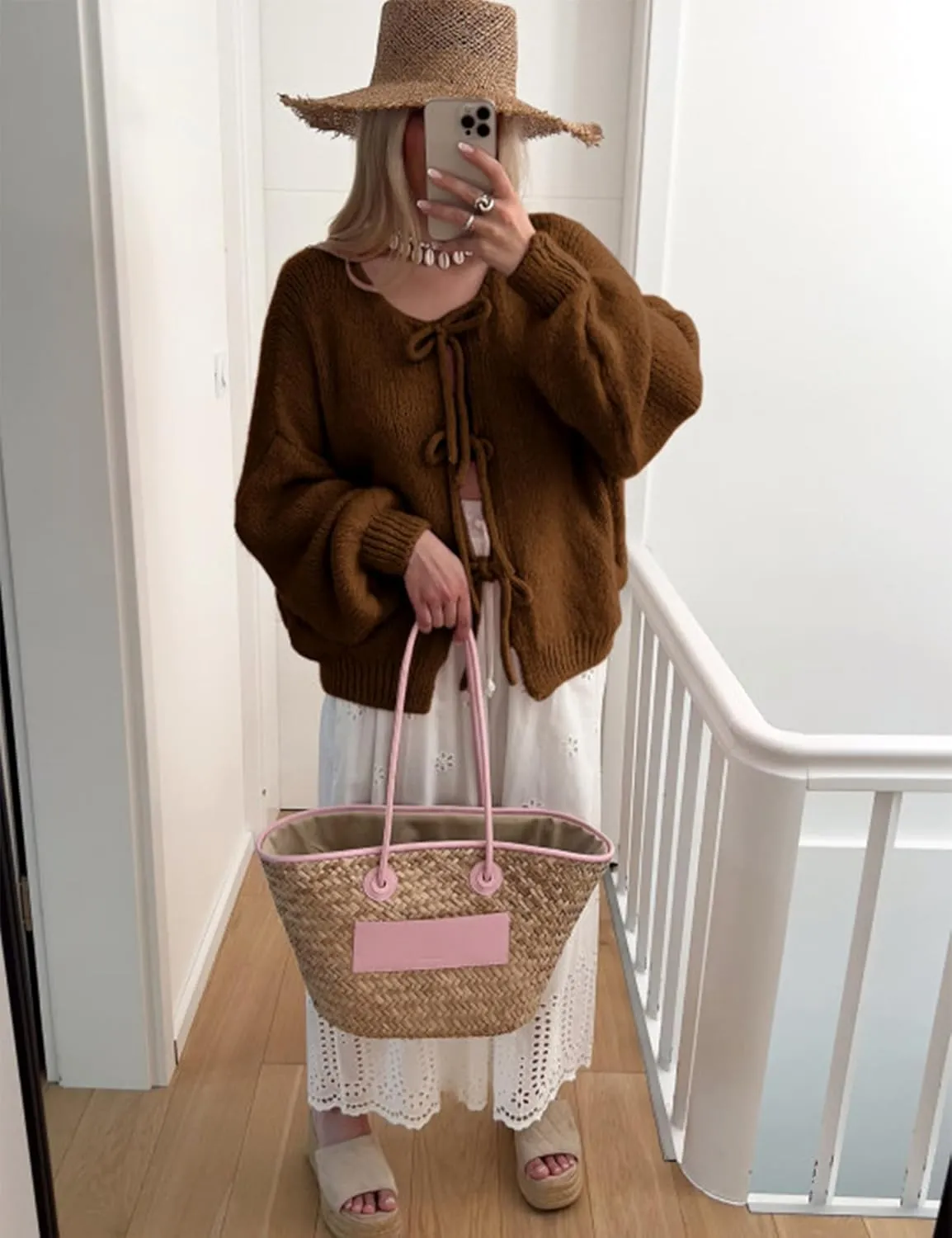 SKIKYAN Women Bowtie Oversized Knit Sweater Cardigan Y2K Long Sleeve V Neck Open Front Casual Knitwears