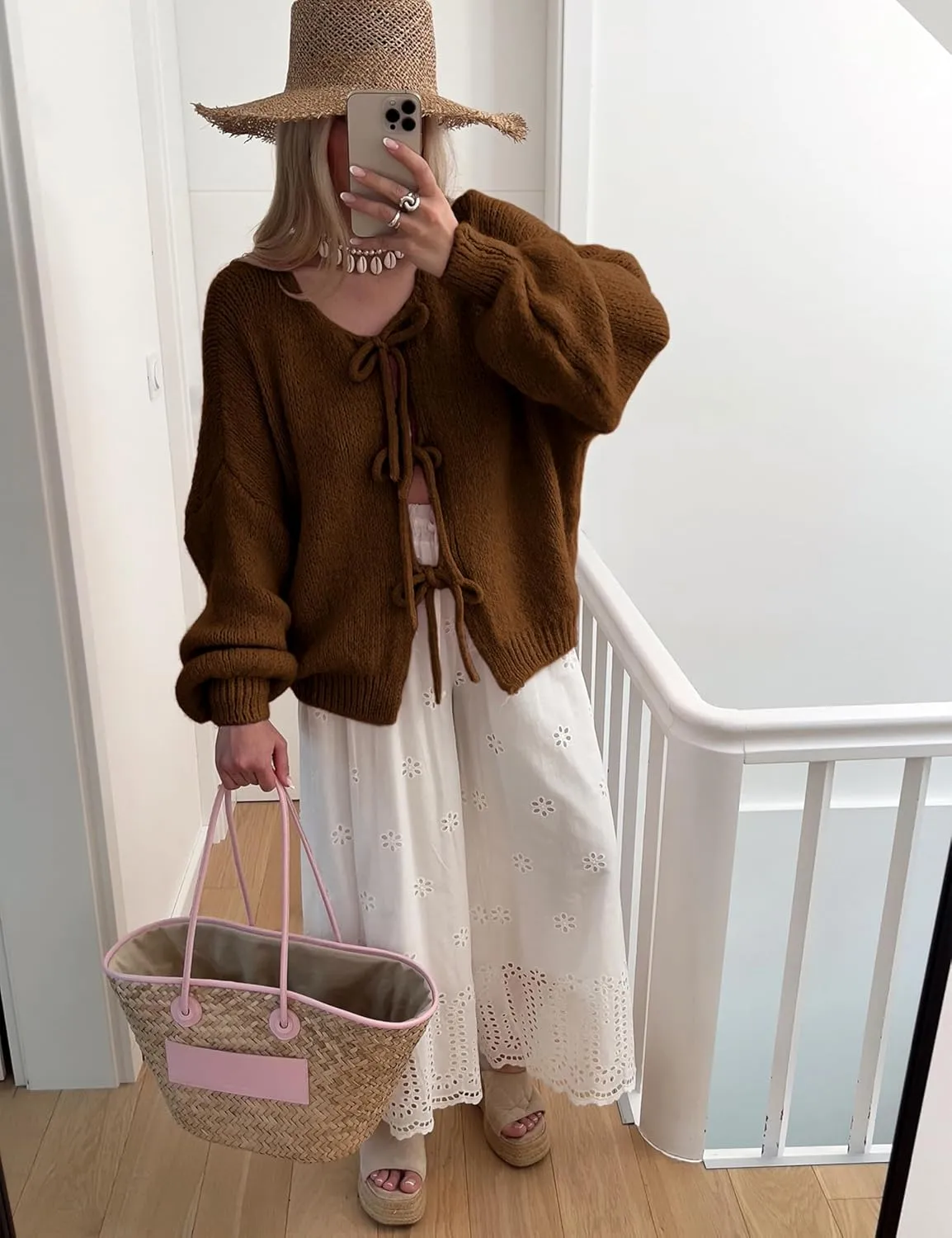 SKIKYAN Women Bowtie Oversized Knit Sweater Cardigan Y2K Long Sleeve V Neck Open Front Casual Knitwears