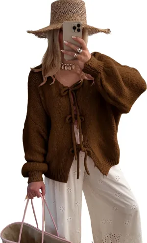 SKIKYAN Women Bowtie Oversized Knit Sweater Cardigan Y2K Long Sleeve V Neck Open Front Casual Knitwears