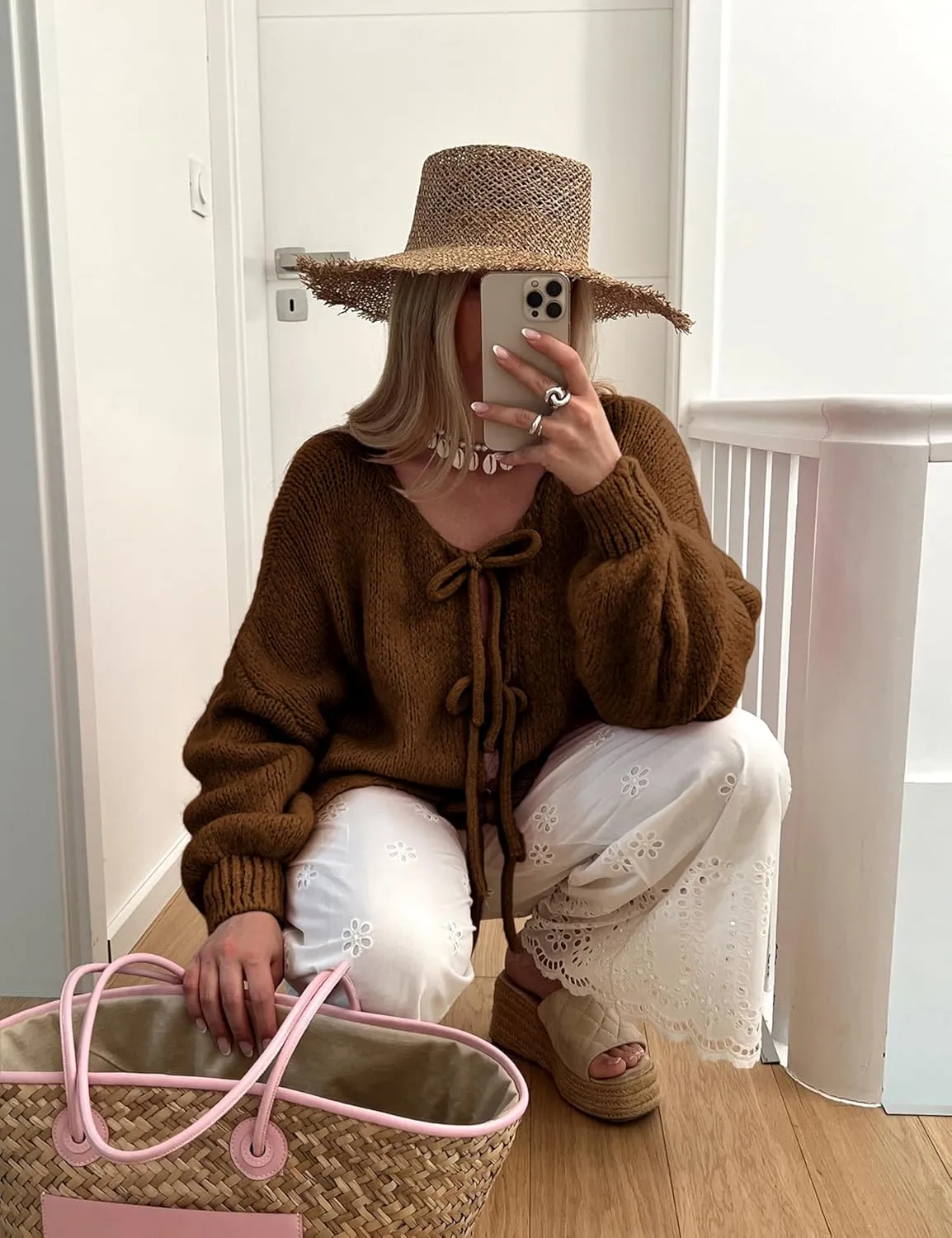SKIKYAN Women Bowtie Oversized Knit Sweater Cardigan Y2K Long Sleeve V Neck Open Front Casual Knitwears