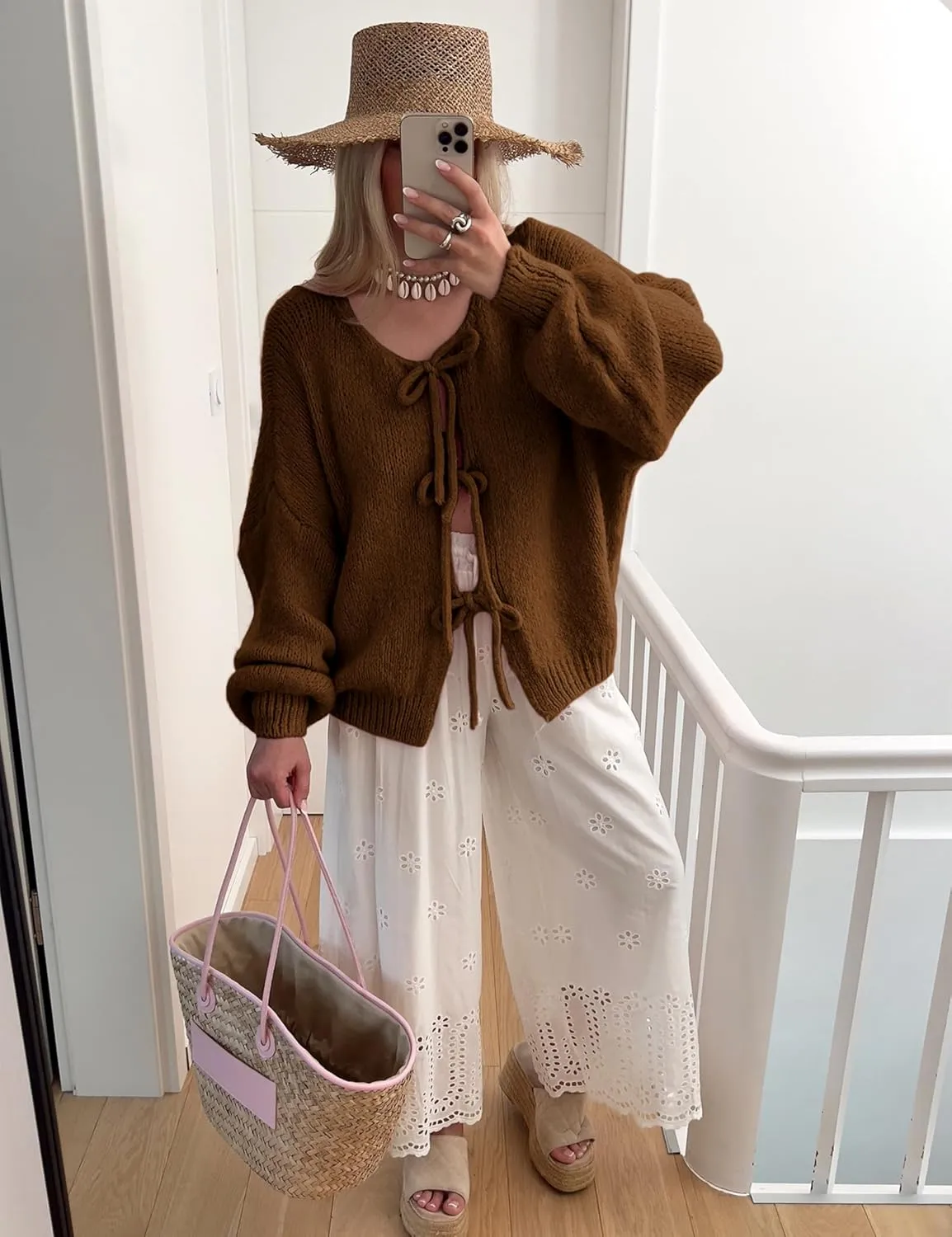 SKIKYAN Women Bowtie Oversized Knit Sweater Cardigan Y2K Long Sleeve V Neck Open Front Casual Knitwears