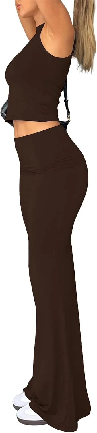 Skirt Sets Women 2 Piece Outfits - Sexy Two Pc Sleeveless Tank Crop Top Fold Over Maxi Long Skirts