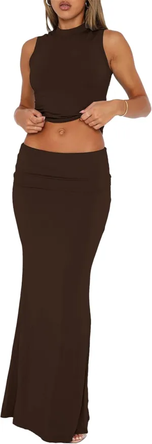Skirt Sets Women 2 Piece Outfits - Sexy Two Pc Sleeveless Tank Crop Top Fold Over Maxi Long Skirts
