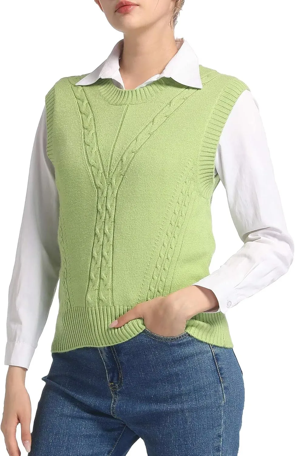 Sleeveless Sweater Vest for Women Crew Neck Cable Knit Pullover Top for Girl Casual Ribbed Solid Color