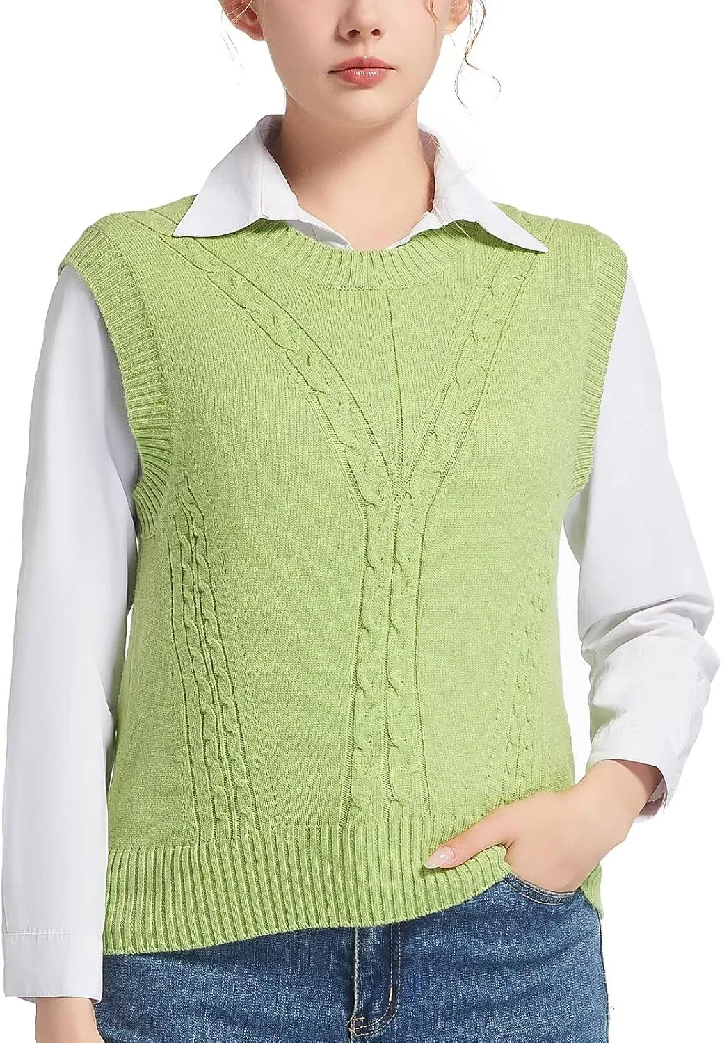 Sleeveless Sweater Vest for Women Crew Neck Cable Knit Pullover Top for Girl Casual Ribbed Solid Color