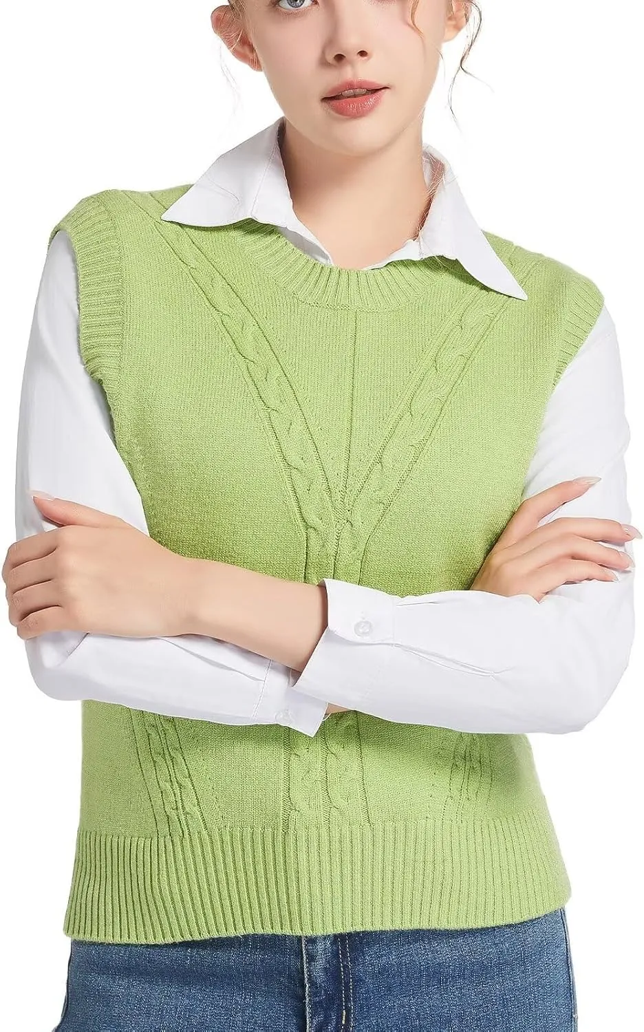 Sleeveless Sweater Vest for Women Crew Neck Cable Knit Pullover Top for Girl Casual Ribbed Solid Color