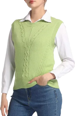 Sleeveless Sweater Vest for Women Crew Neck Cable Knit Pullover Top for Girl Casual Ribbed Solid Color