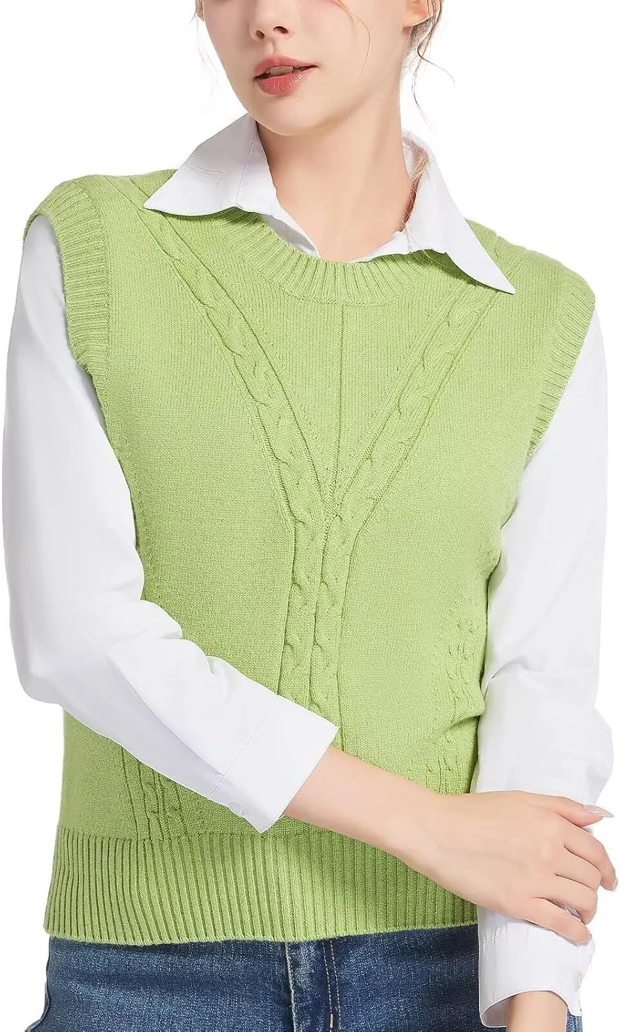 Sleeveless Sweater Vest for Women Crew Neck Cable Knit Pullover Top for Girl Casual Ribbed Solid Color