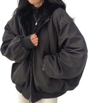 Smoneyful Womens Fleece Jackets Plus Size Hooded Reversible Sherpa Jacket Thicken Warm Winter Coat Baggy Cotton-Padded Jacket