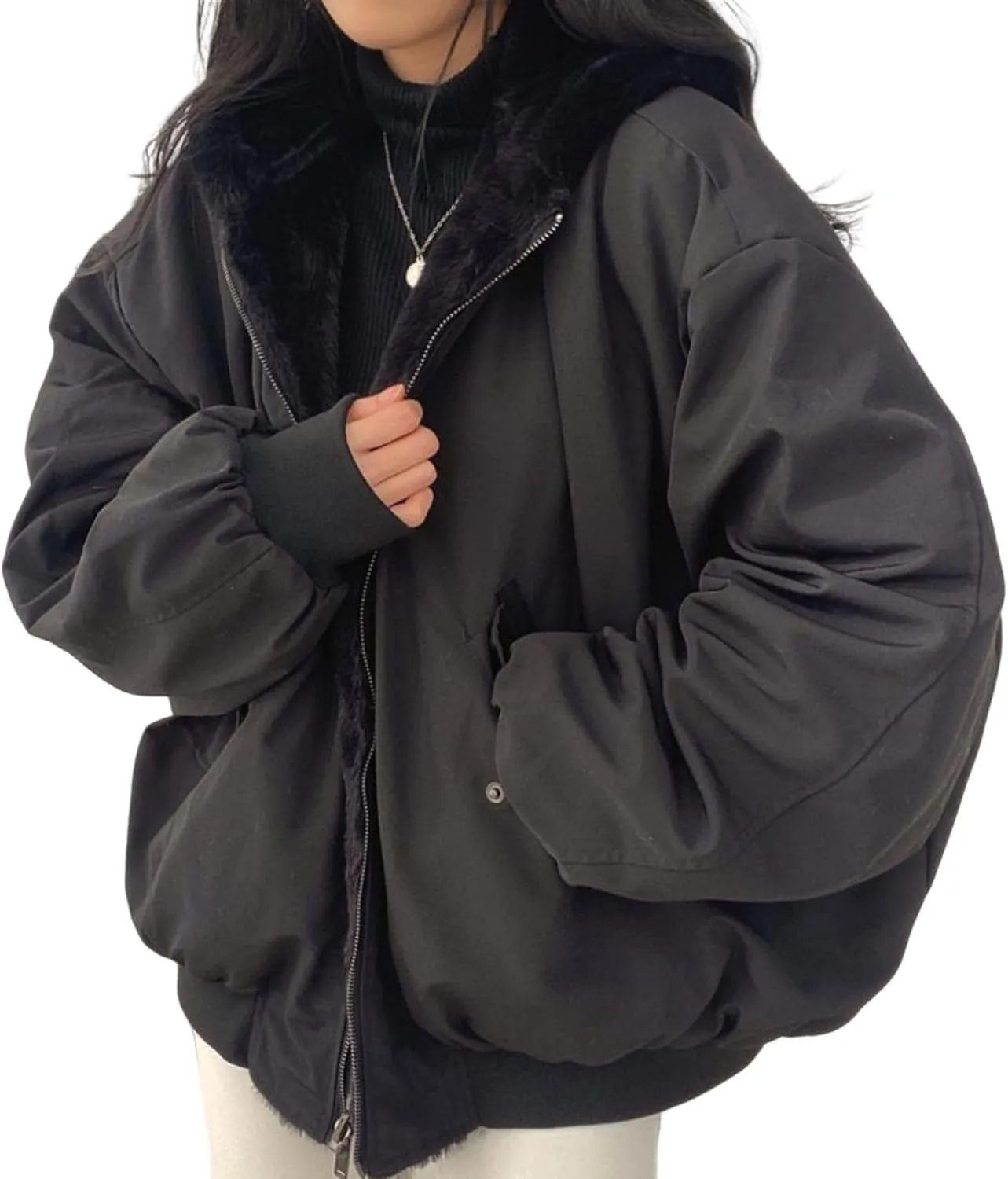 Smoneyful Womens Fleece Jackets Plus Size Hooded Reversible Sherpa Jacket Thicken Warm Winter Coat Baggy Cotton-Padded Jacket