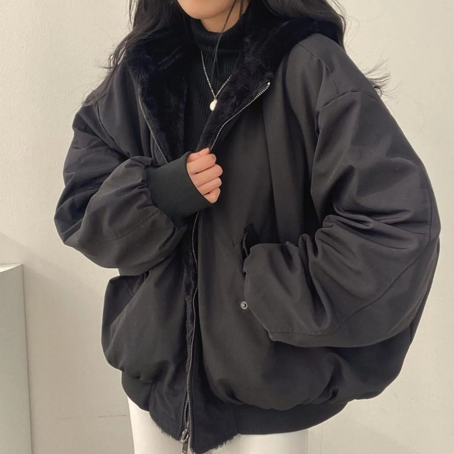 Smoneyful Womens Fleece Jackets Plus Size Hooded Reversible Sherpa Jacket Thicken Warm Winter Coat Baggy Cotton-Padded Jacket