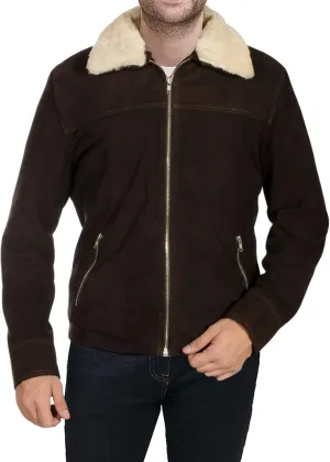 SpazeUp Suede Jacket Mens - Suede Trucker Coat Men - Fur Collar Brown Suede Leather Jackets Men