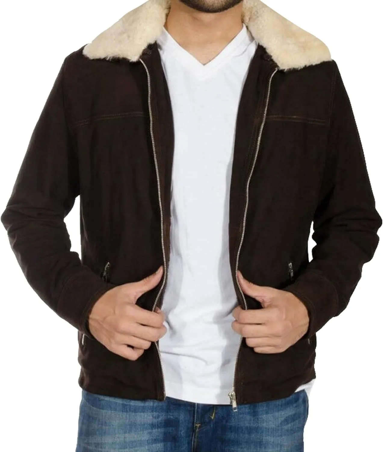 SpazeUp Suede Jacket Mens - Suede Trucker Coat Men - Fur Collar Brown Suede Leather Jackets Men