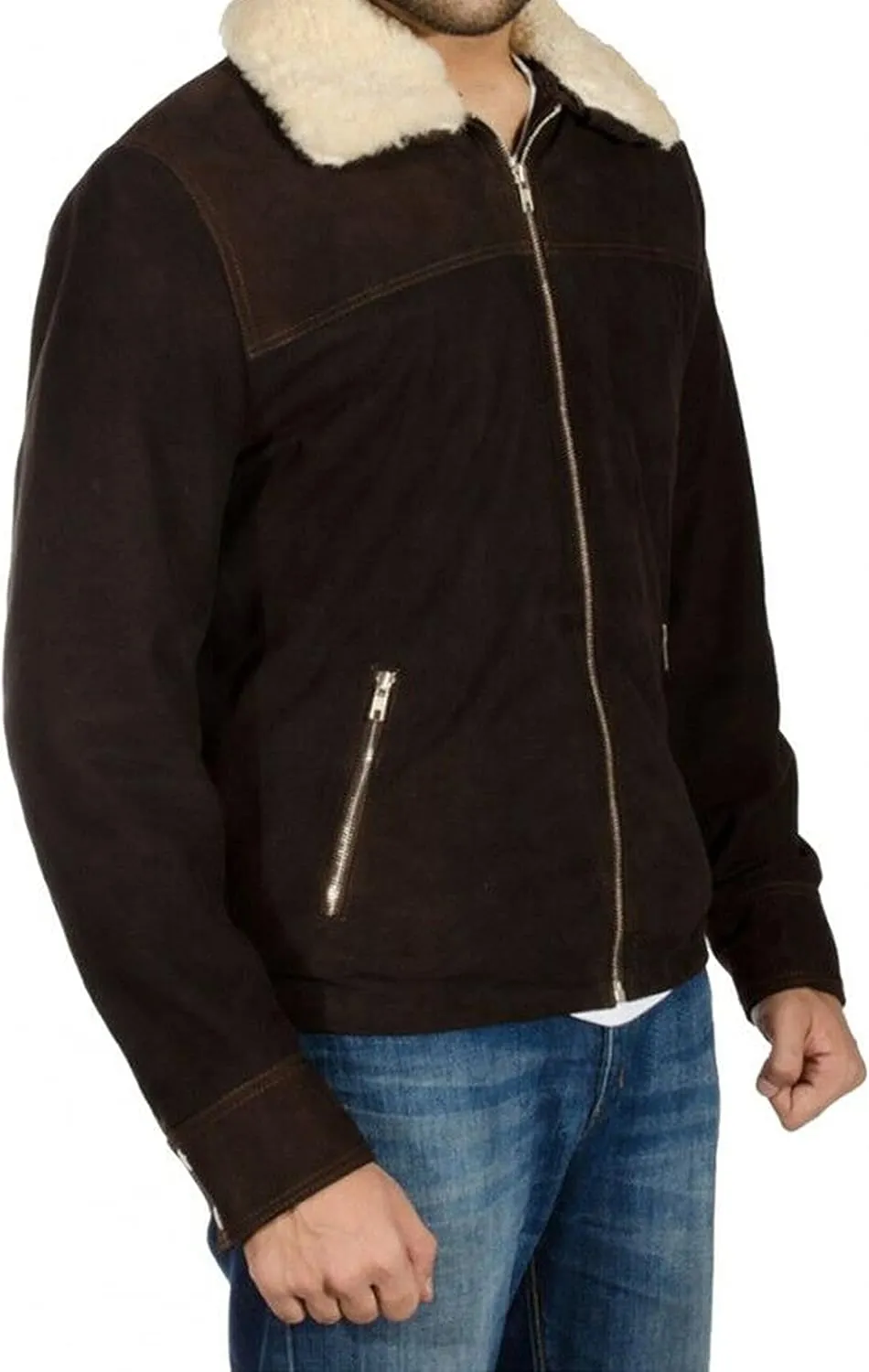 SpazeUp Suede Jacket Mens - Suede Trucker Coat Men - Fur Collar Brown Suede Leather Jackets Men