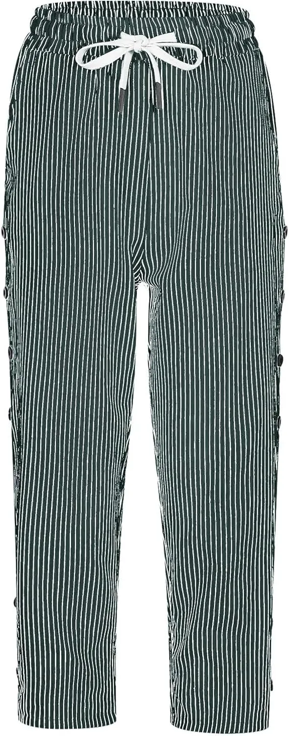 Striped Linen Capri Pants for Women 2025 Spring Summer Lightweight High Waist Drawstring Pants Comfy Cropped Trousers