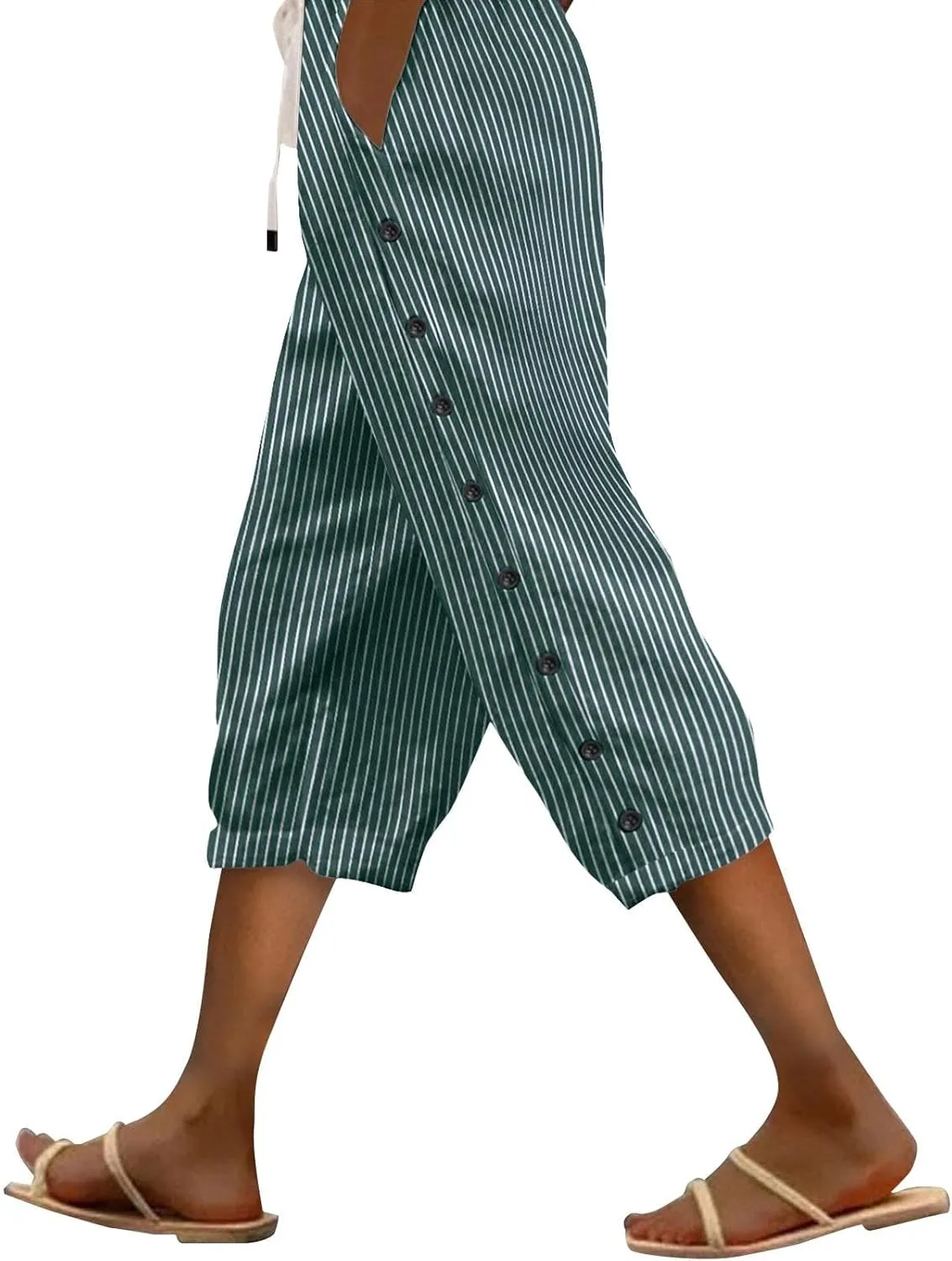 Striped Linen Capri Pants for Women 2025 Spring Summer Lightweight High Waist Drawstring Pants Comfy Cropped Trousers