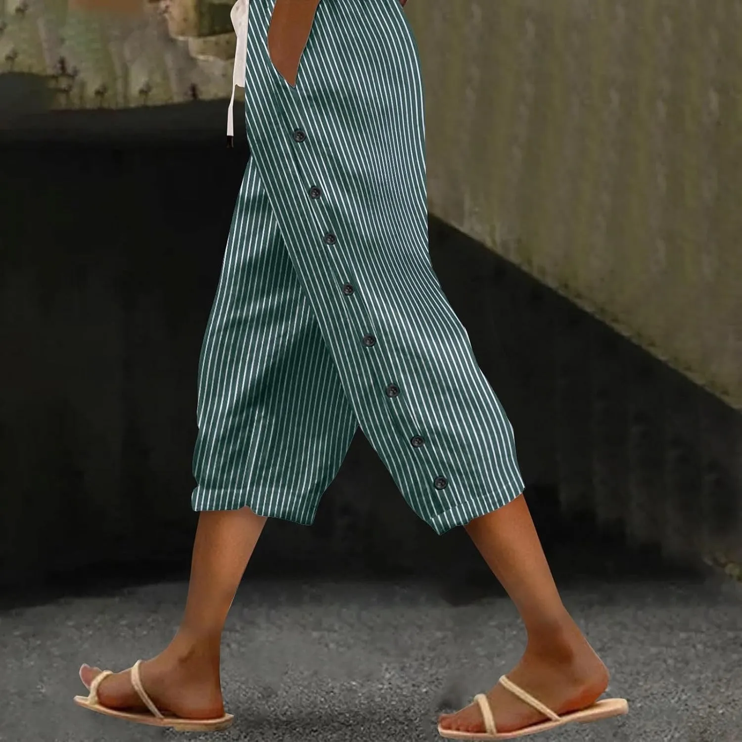 Striped Linen Capri Pants for Women 2025 Spring Summer Lightweight High Waist Drawstring Pants Comfy Cropped Trousers