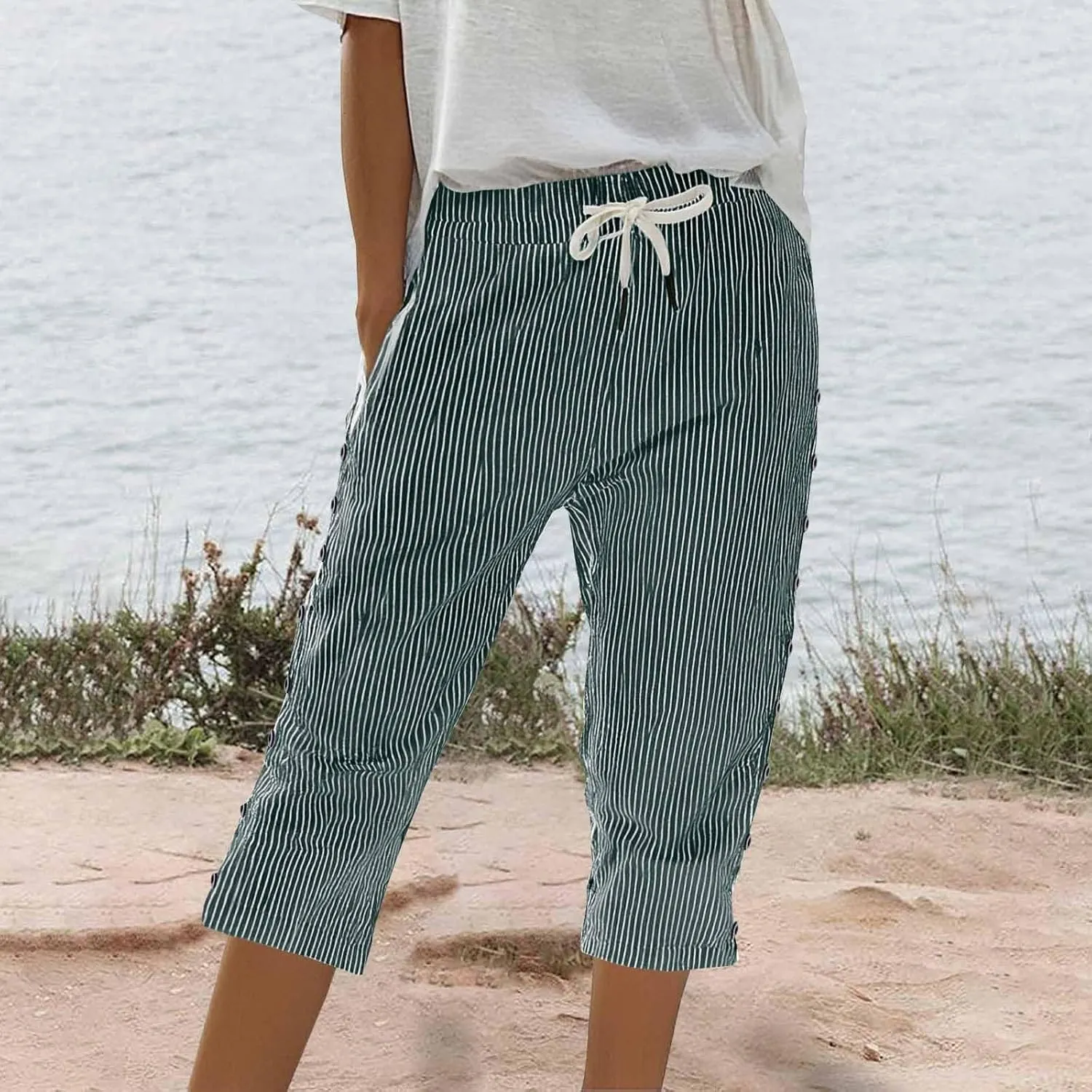 Striped Linen Capri Pants for Women 2025 Spring Summer Lightweight High Waist Drawstring Pants Comfy Cropped Trousers