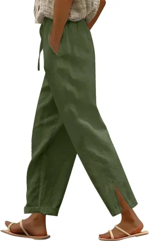 Striped Linen Pants for Women Cropped Trim Elastic Waist Capris Lightweight Summer Beach Trousers with Pockets