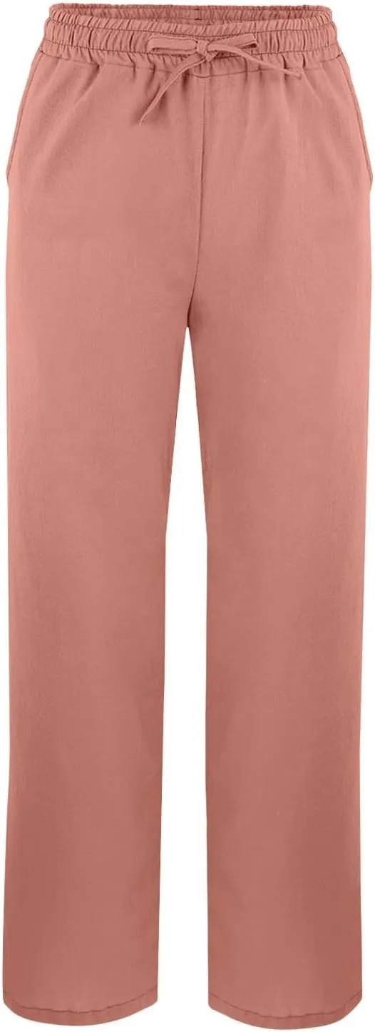 Striped Linen Pants for Women Cropped Trim Elastic Waist Capris Lightweight Summer Beach Trousers with Pockets
