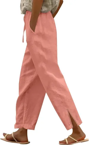 Striped Linen Pants for Women Cropped Trim Elastic Waist Capris Lightweight Summer Beach Trousers with Pockets