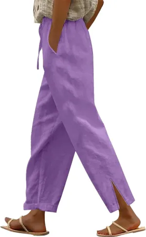 Striped Linen Pants for Women Cropped Trim Elastic Waist Capris Lightweight Summer Beach Trousers with Pockets