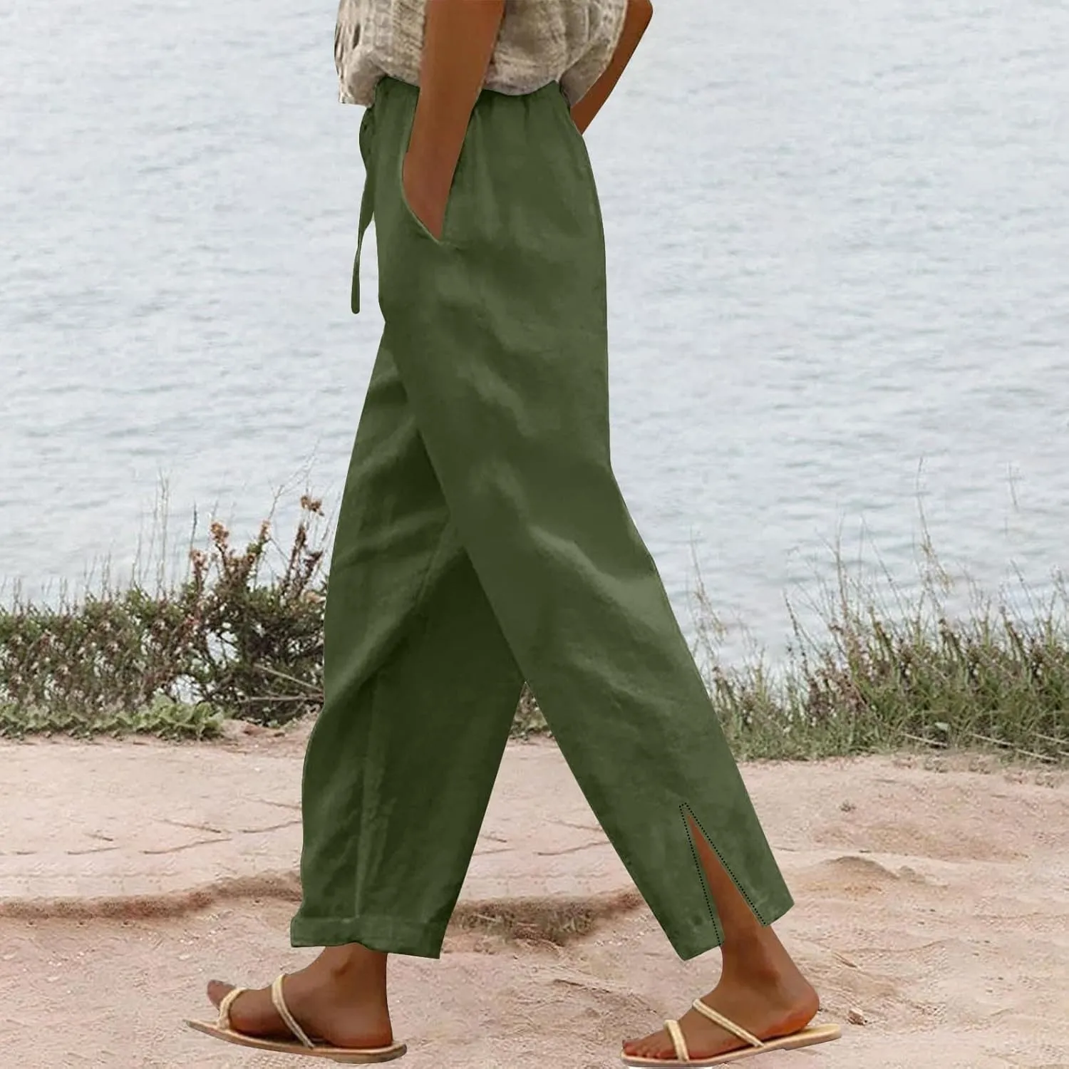 Striped Linen Pants for Women Cropped Trim Elastic Waist Capris Lightweight Summer Beach Trousers with Pockets