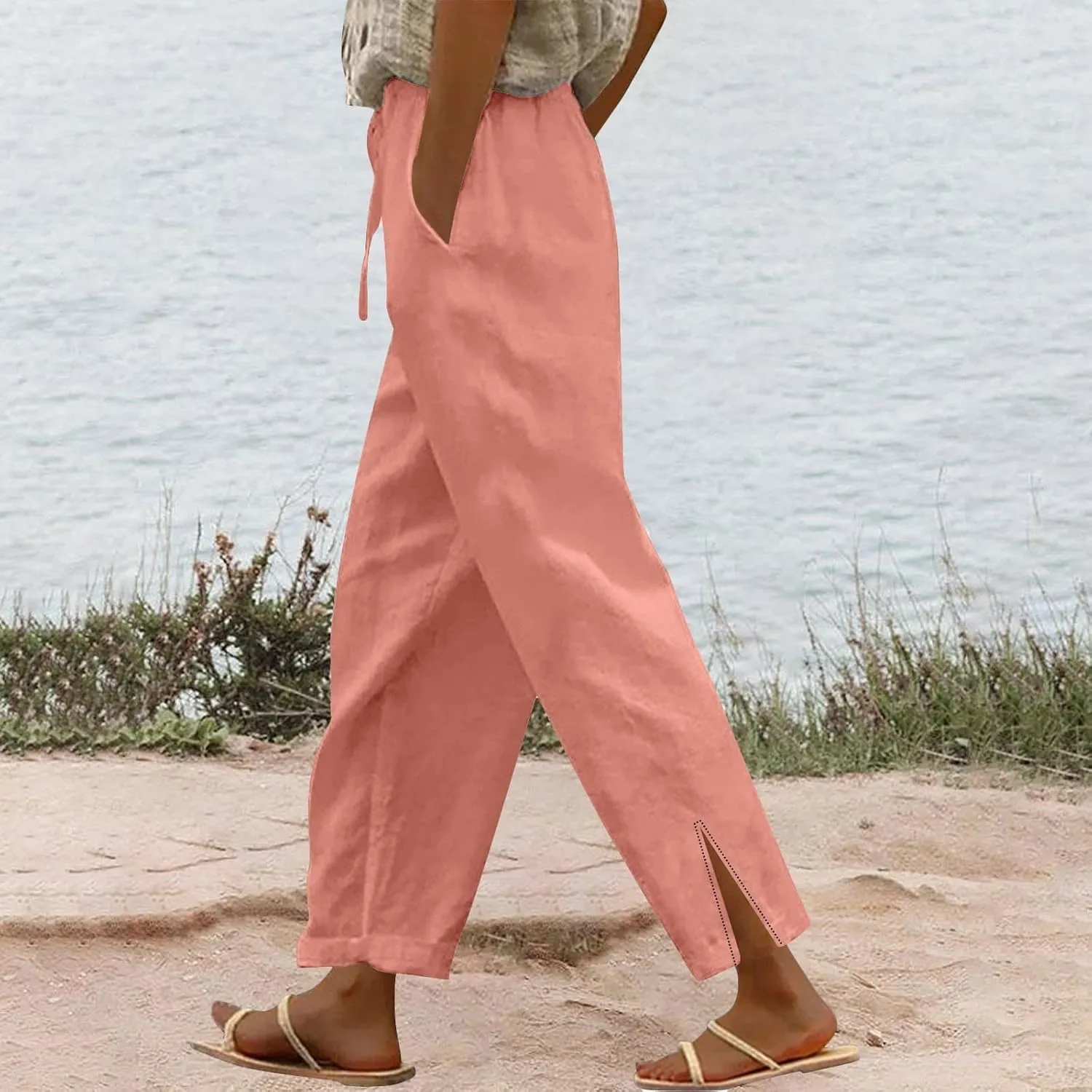 Striped Linen Pants for Women Cropped Trim Elastic Waist Capris Lightweight Summer Beach Trousers with Pockets