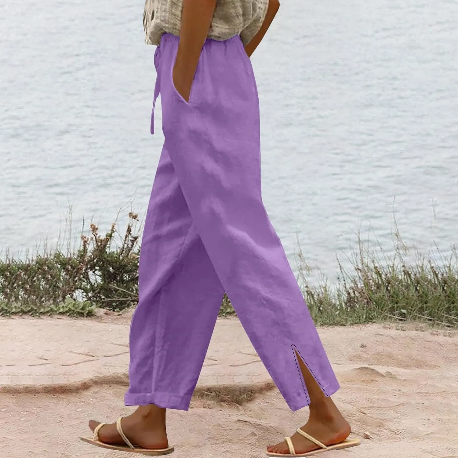Striped Linen Pants for Women Cropped Trim Elastic Waist Capris Lightweight Summer Beach Trousers with Pockets